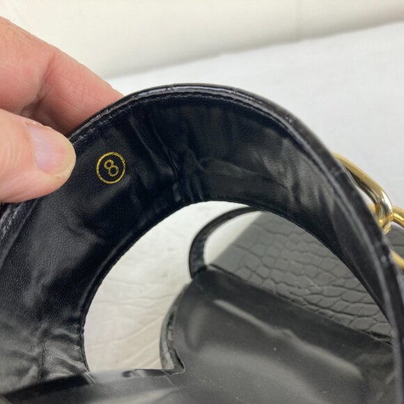 Pretty Little Thing Sz 8 Black Square Toe Slip On Heel Sandals Gold Chain Detail - Picture 8 of 9